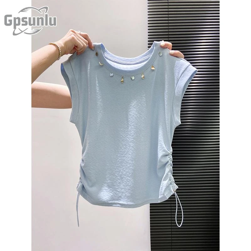 gpsunlu钉珠圆领无袖女新款抽皱收腰显瘦短款夏日别致绝美小上衣
