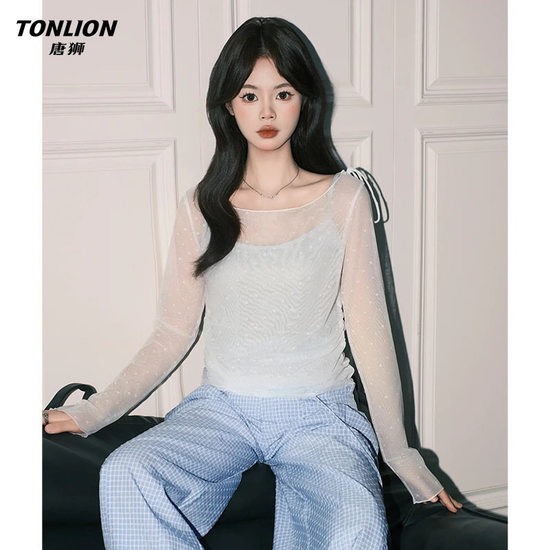 唐狮新款韩系chic蓝色吊带内搭上衣女夏宽松薄甜欲罩衫爆款两件套