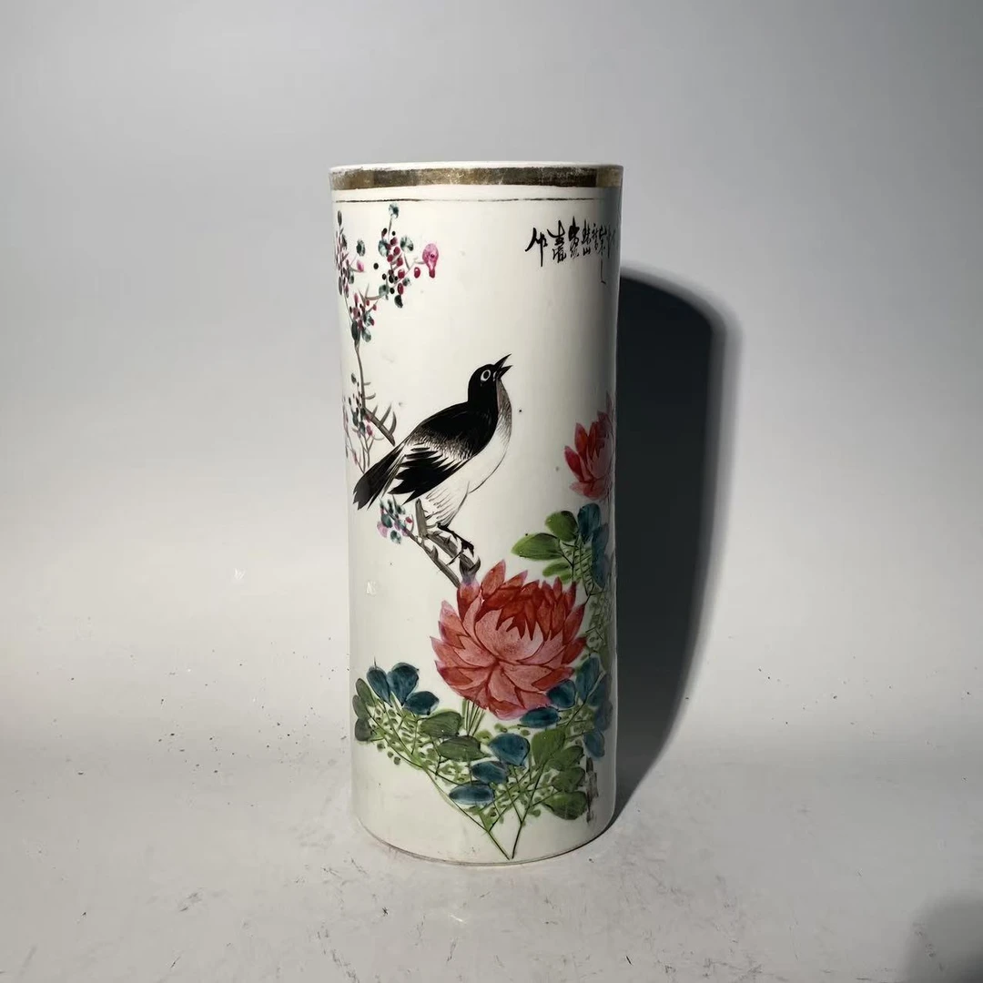 Q- 民国 粉彩花鸟纹筒瓶 直径12.5高度29
