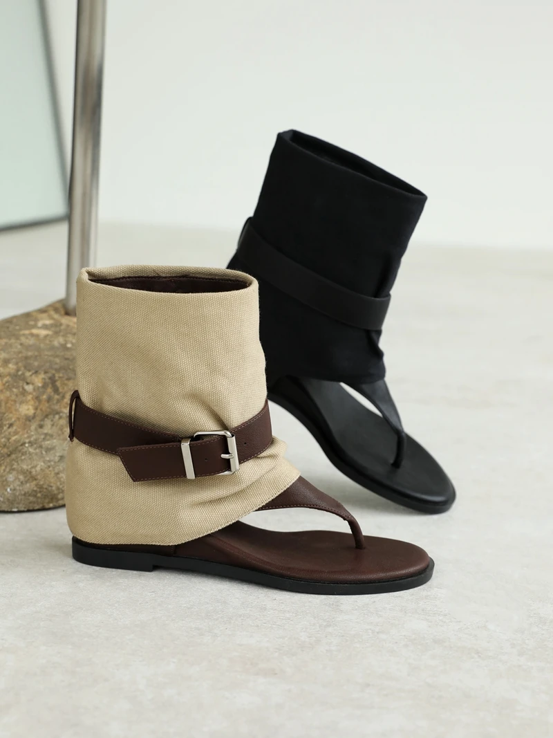 复古夹趾凉靴女2025夏季新款百搭外穿时尚套筒罗马凉鞋短靴