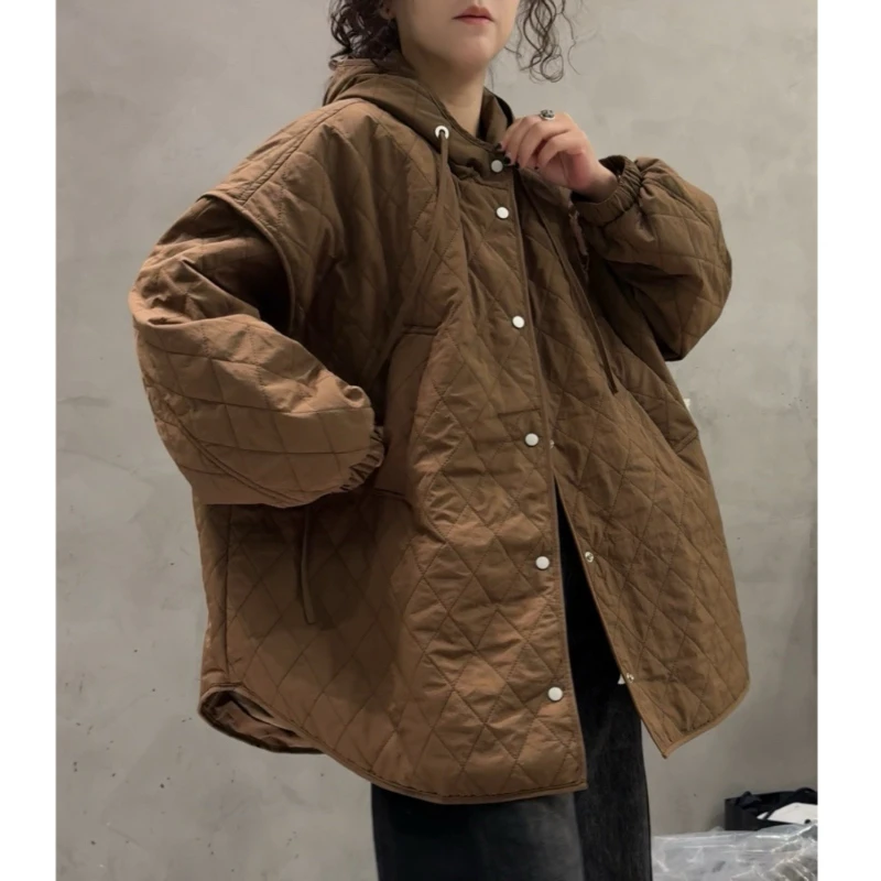 韩系菱格连帽棉袄外套女秋冬夹棉中长款宽松百搭休闲轻薄款棉服潮