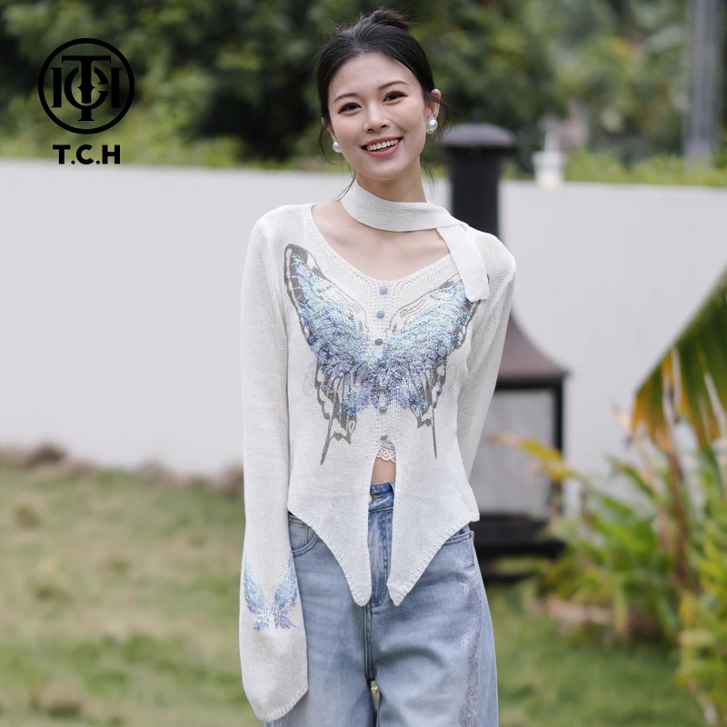TCH私服烫钻工艺蝴蝶结时尚宽松款毛针织衫女T75A09E5057轻奢tch