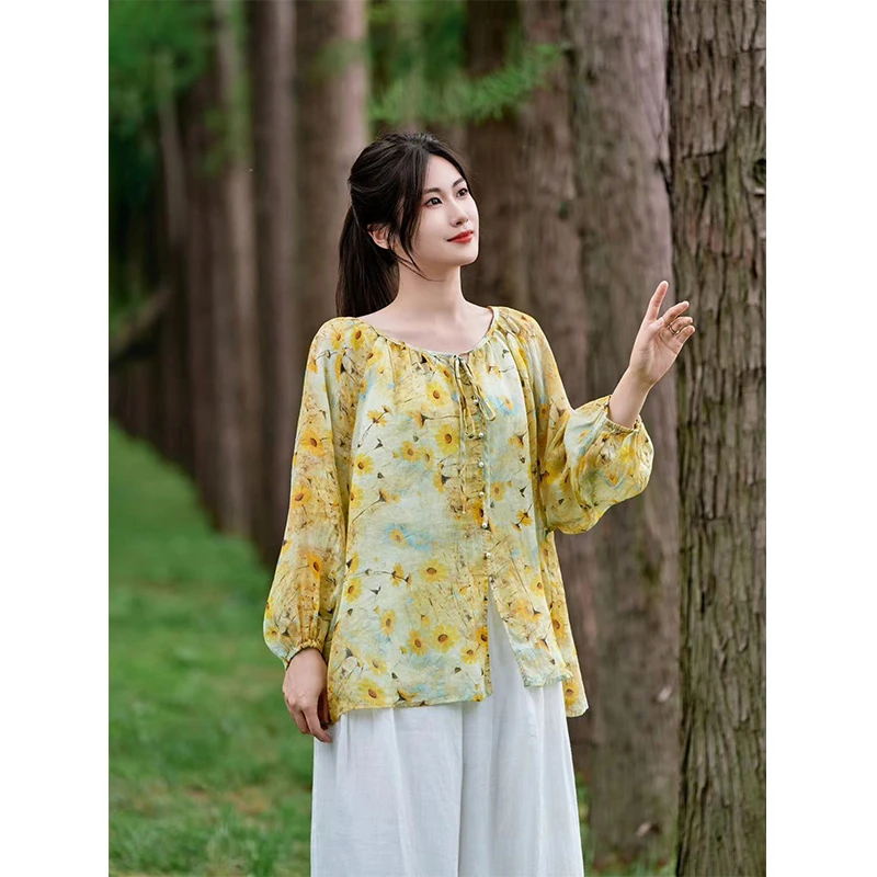 复古苎麻内里包边印花圆领系带珠扣衬衫女文艺大码显瘦休闲上衣