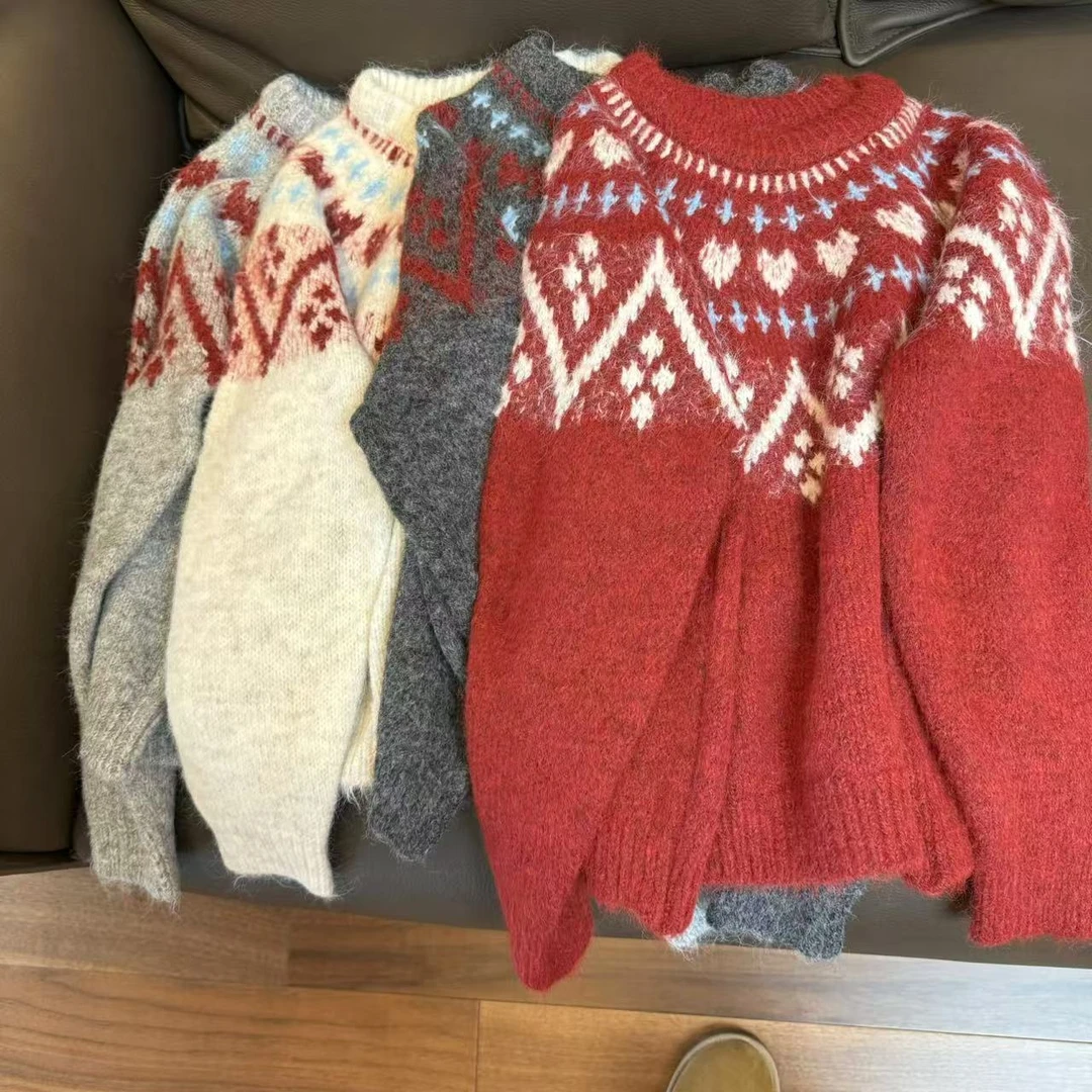 喜樂  2024绵羊毛撞色提花圆领针织衫冬季新款时尚百搭休闲女上衣