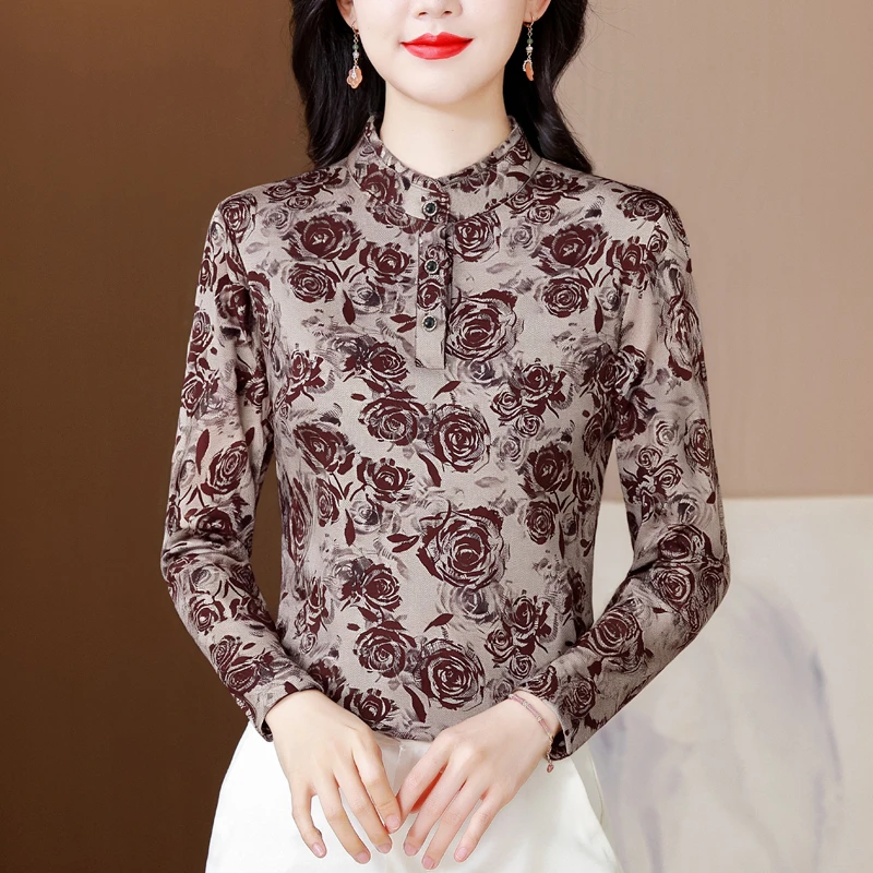 中年时尚印花秋冬百搭双面绒加厚长袖木耳边领修身显瘦气质打底衫