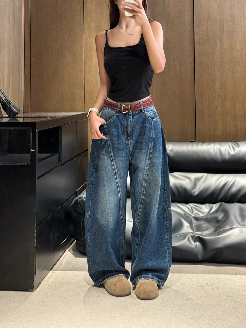 【璐璐同款】秋季街头洗女高腰常规牛仔裤小众长裤