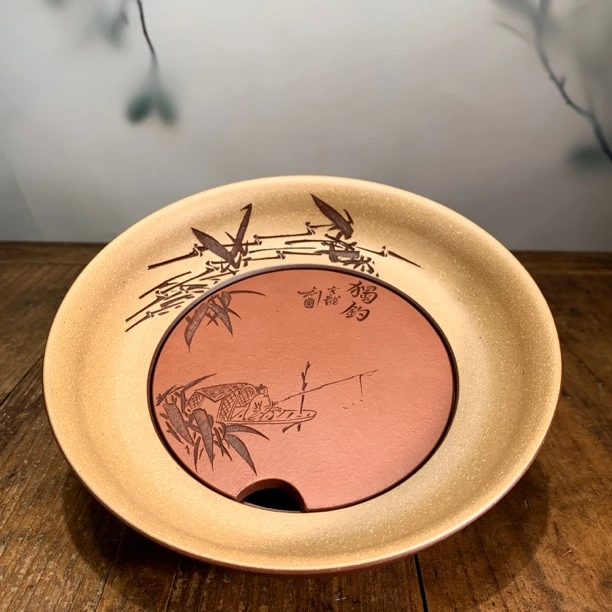 紫砂茶盘干泡台可蓄水双层紫泥壶承刻绘高端圆形茶壶简约茶壶紫砂