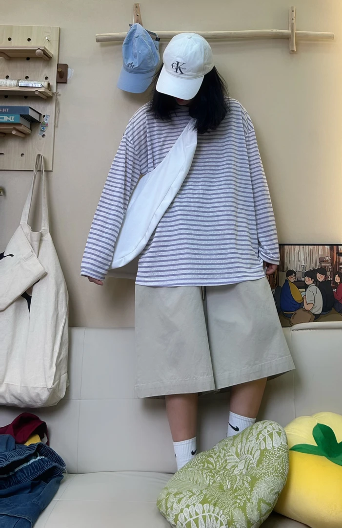 夏季休闲百搭慵懒风长袖条纹T恤宽松防晒3773