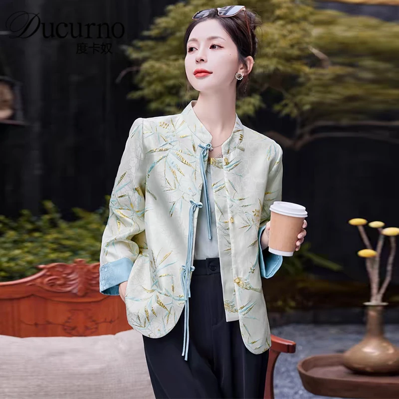 新中式国风外套女短款2025秋季新款小个子高级感覆古盘扣印花上衣