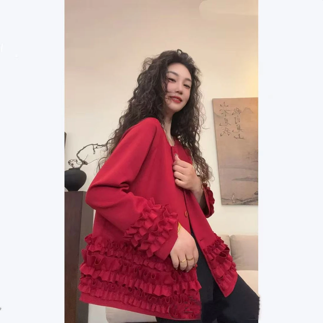 1153#拼接木耳边纯色气质秋款百搭小外套