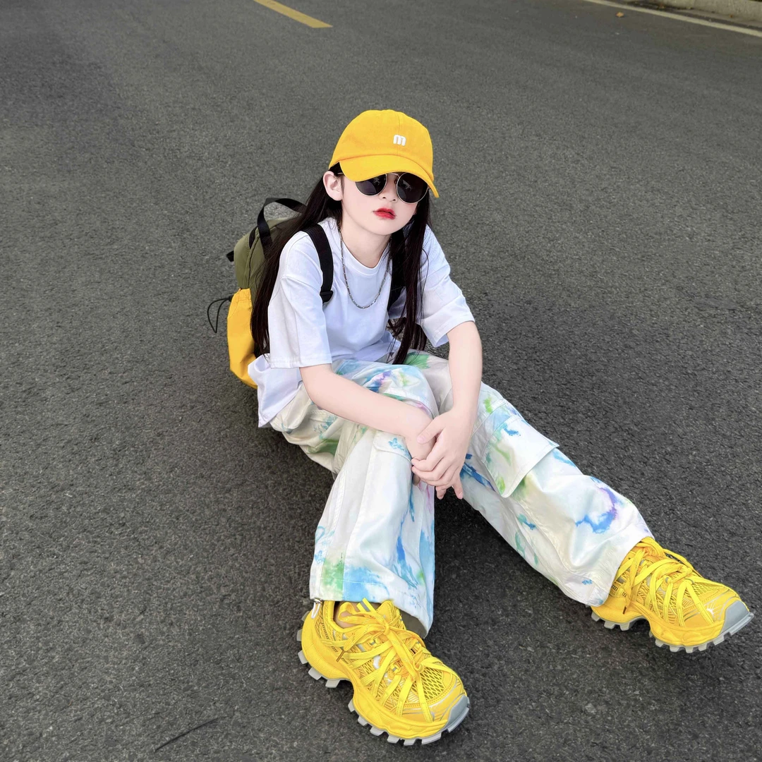 女童夏装套装2025新款儿童时髦扎染短袖小女孩工装裤印花两件套