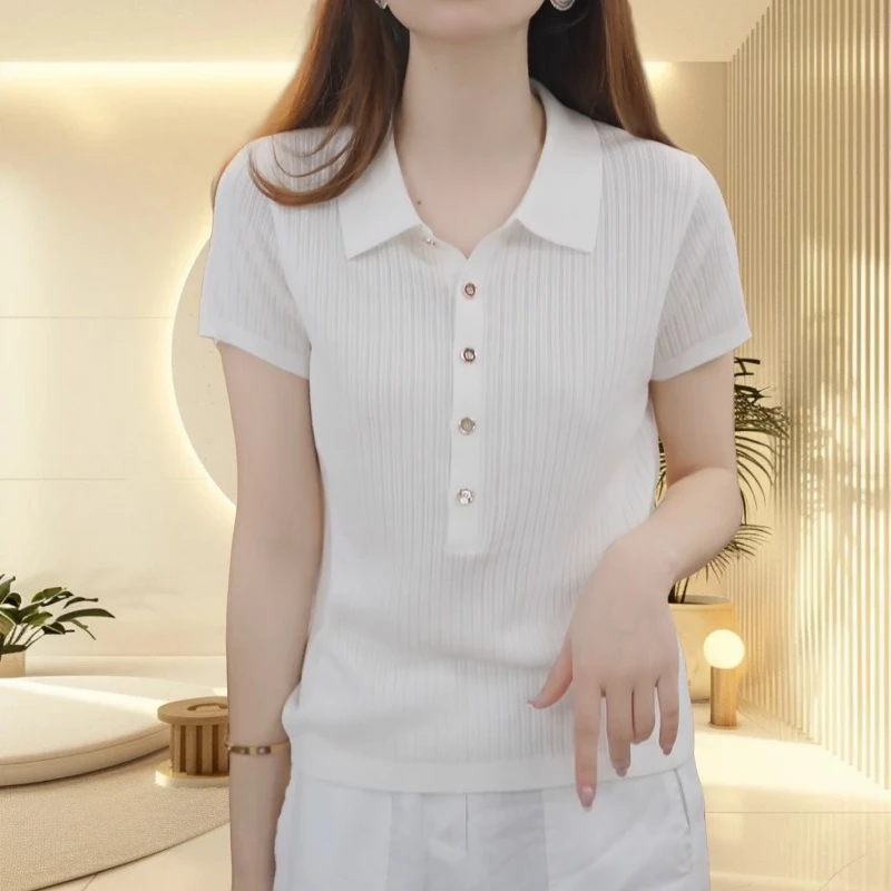 百搭法式纯色POLO领针织衫通勤简约设计感T恤短袖2025夏季女