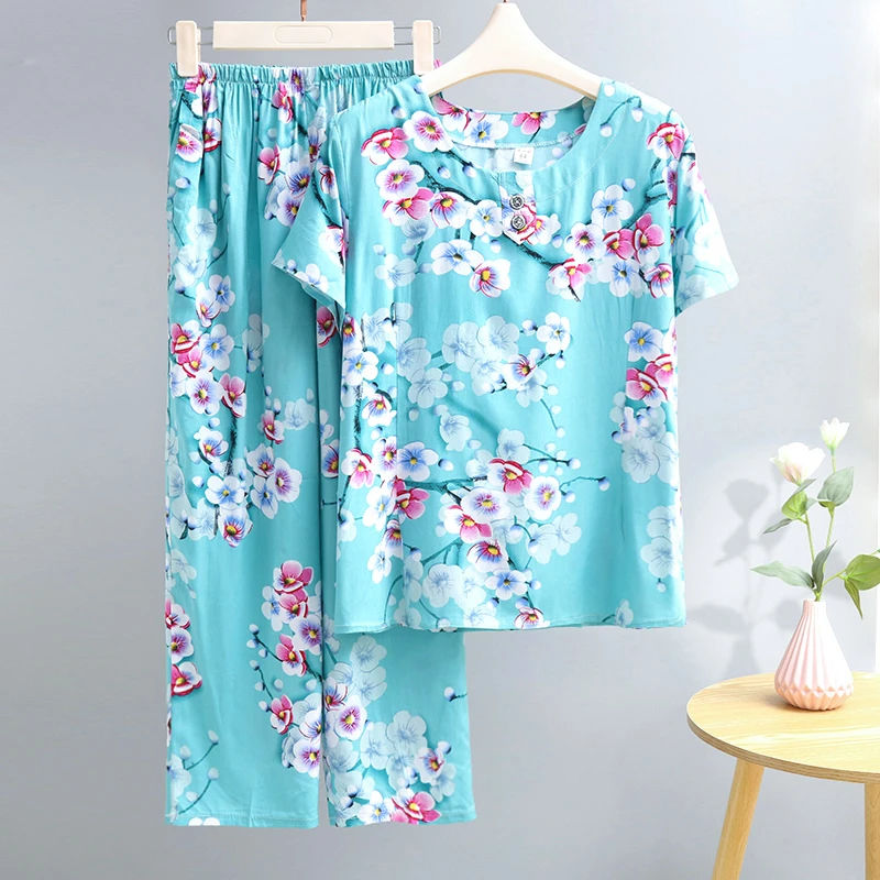睡衣女套装夏天夏季薄款棉绸短袖家居服中老年人妈妈可外出套装