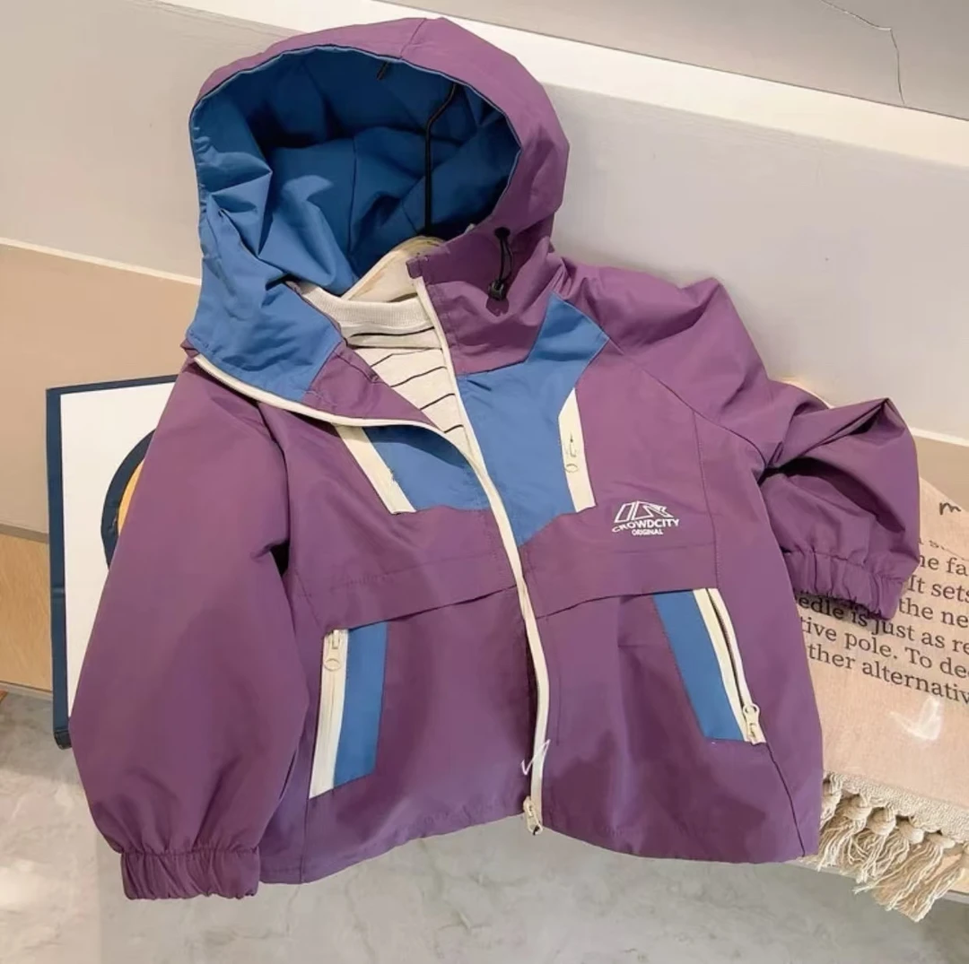 春款紫色拼接色防水连帽嘎风衣外套男女宝同款洋气休闲