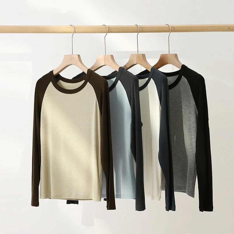 女士高端含绵羊毛天丝百搭休闲长袖T恤女款拼色时尚圆领上衣9938