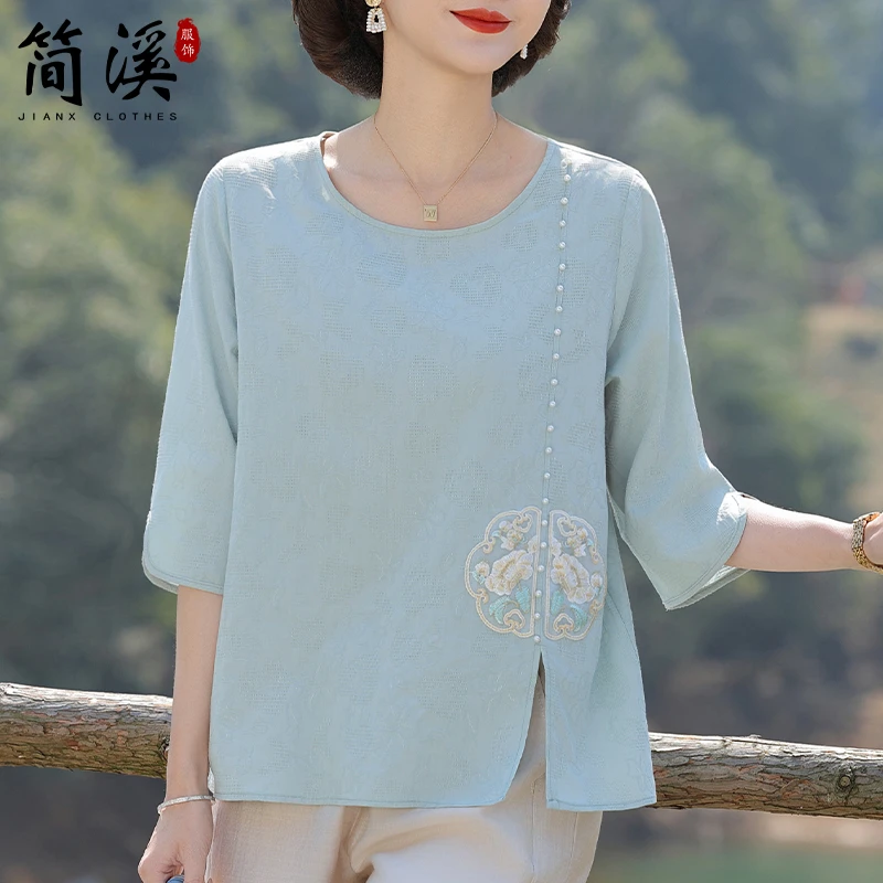 简溪妈妈2025夏季新款洋气上衣新中式国风T恤中老年妈妈洋气女装