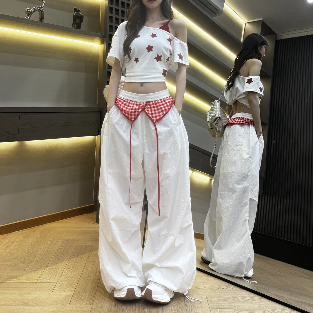 夏季宽松小众格子屁帘款设计拼接垂坠感阔腿拖地裤