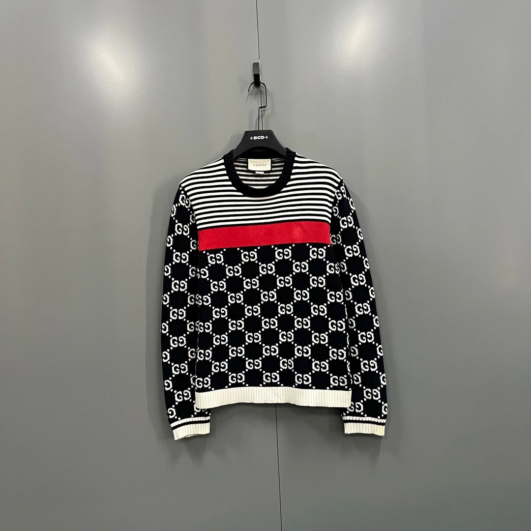 95新 GUCCI/古驰 (ll) 条纹GG印花毛衣 M码/611724