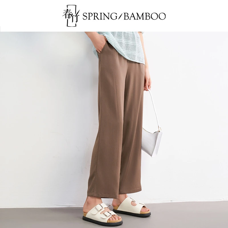 春竹2025春夏新款舒适弹力双乔桑蚕丝透气直筒裤裤子女