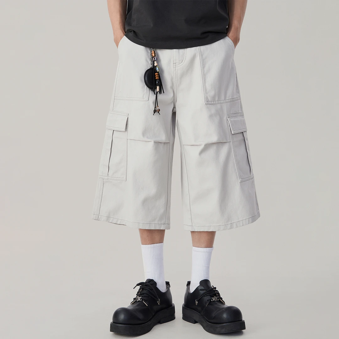 夏季薄款纯棉七分裤男休闲短裤青少年工装宽松阔腿大码设计感短裤