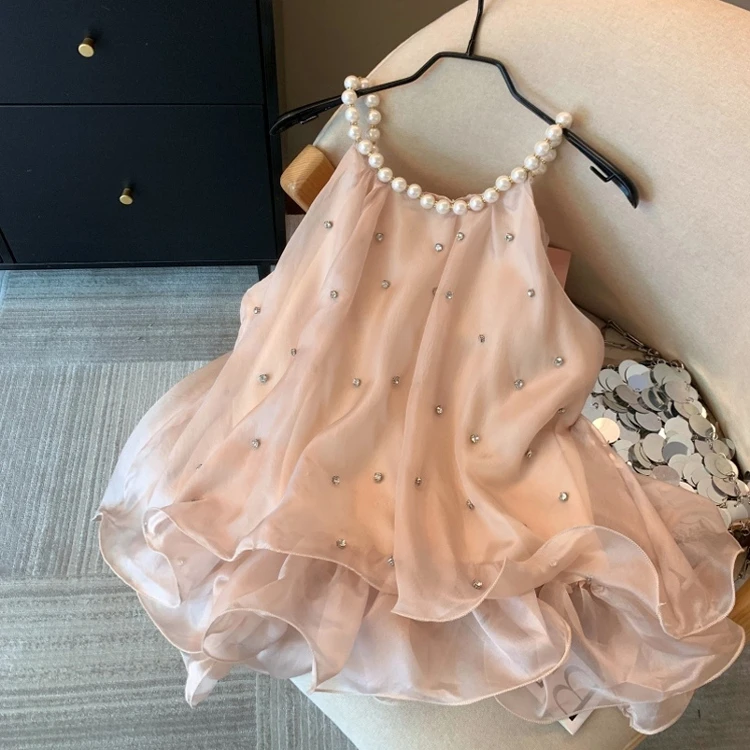 纯欲珍珠挂脖背心粉色衬衫女夏多巴胺荷叶边小衫茶里茶气雪纺上衣