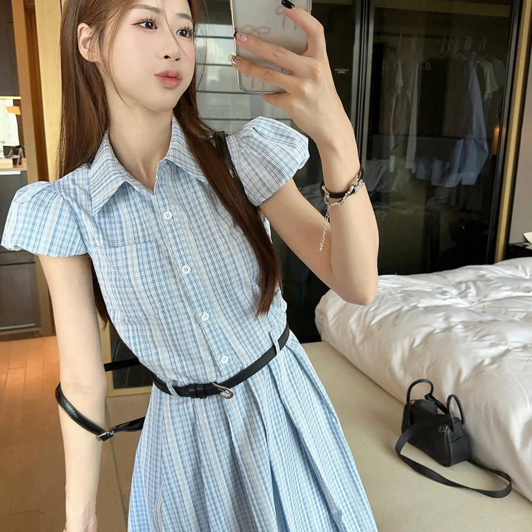 2025新款韩系气质收腰显瘦蓝色条纹泡泡袖网红衬衫连衣裙女含腰带
