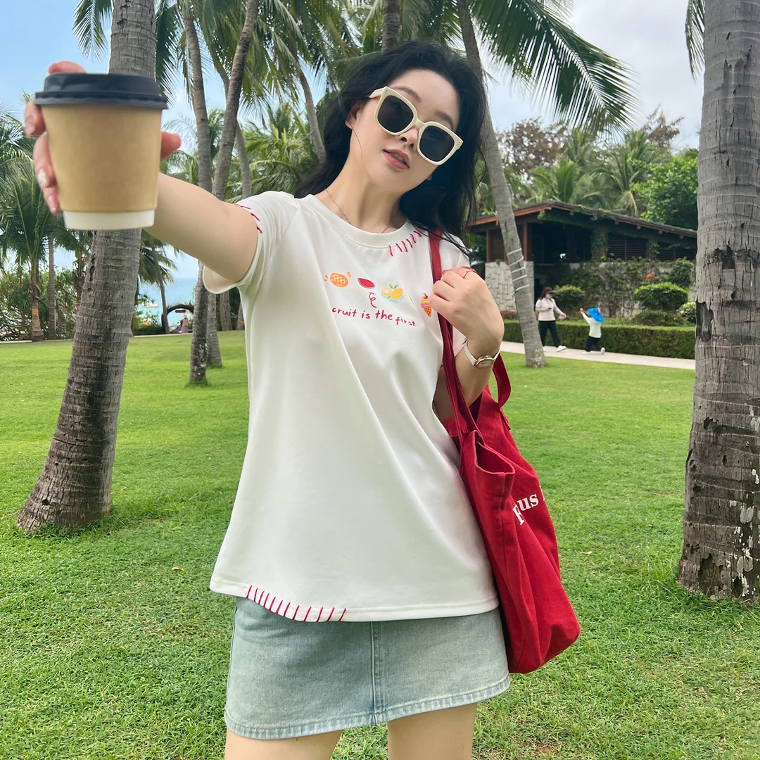 【夏季新品】大码百分百正肩上衣甜美水果印花T恤短袖0652