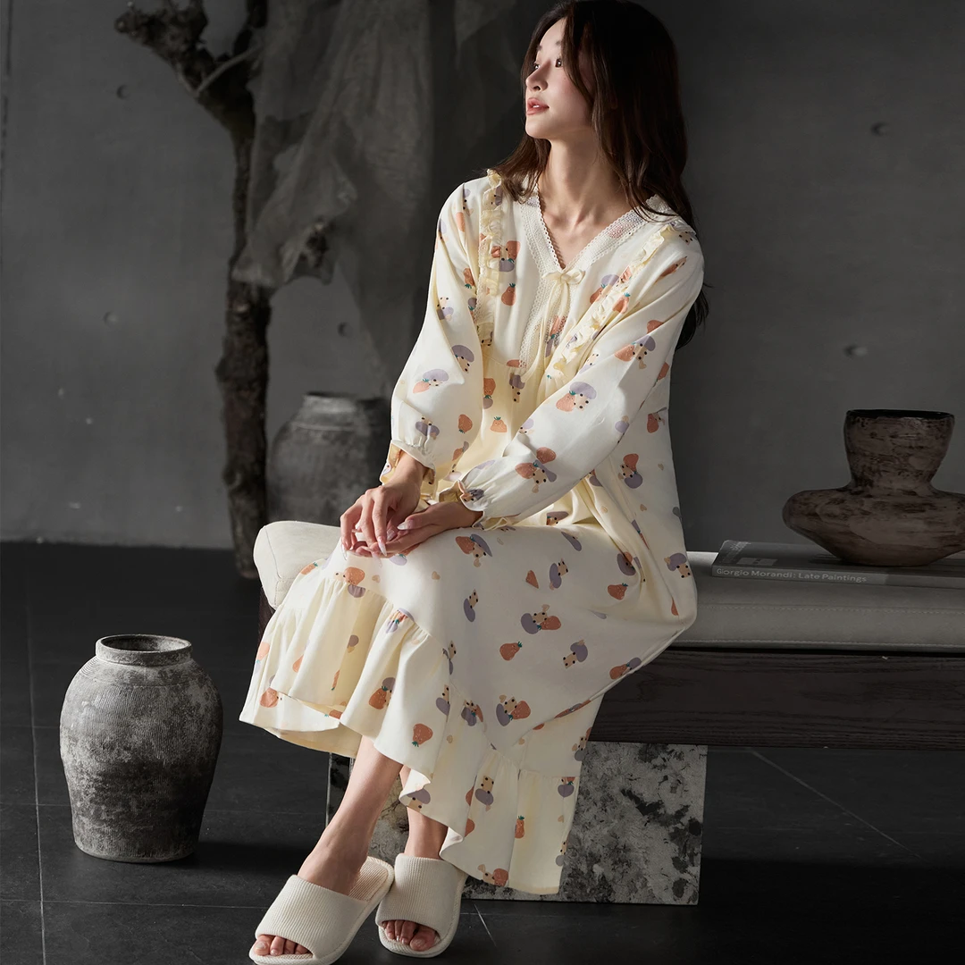 卡通甜美睡裙女春秋季纯棉长袖宽松V领中长款睡衣女连衣裙高级感
