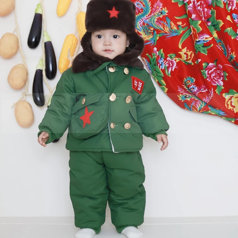 婴幼儿套装冬季加厚保暖军大衣周岁棉衣超萌外出男宝宝冬装四件套