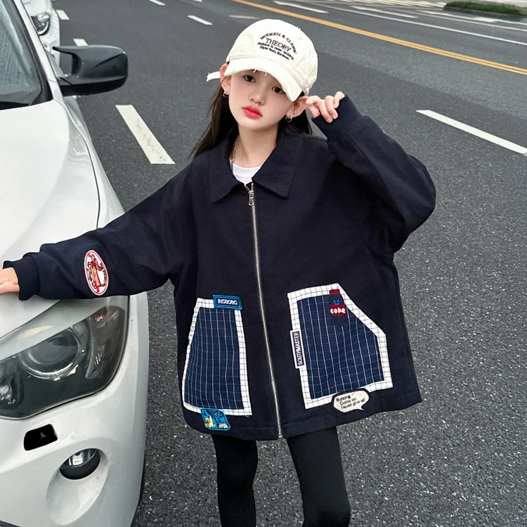 女童春秋外套2025新款中大儿童洋气时髦美系拼色夹棉夹克外套