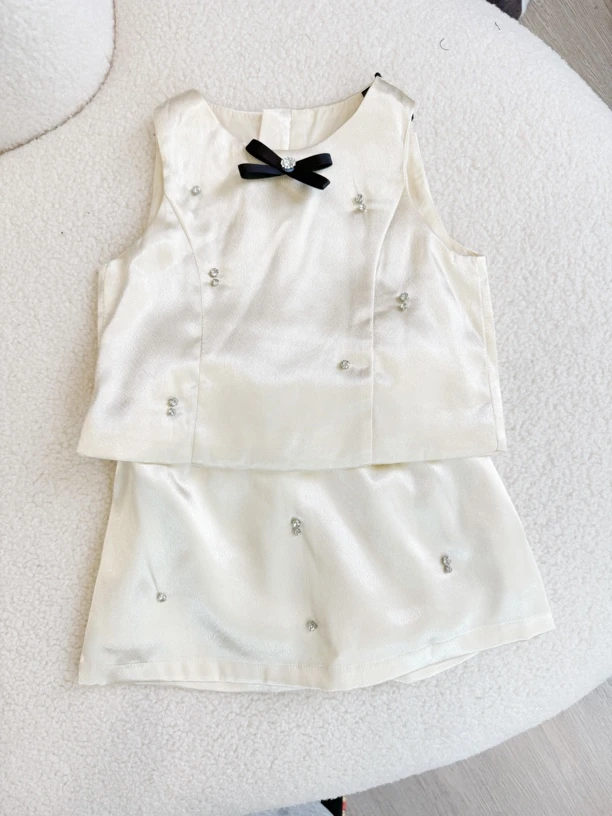 名媛套装女童夏季新款小香风套装韩夏款重工镶钻裙裤女宝无袖韩版