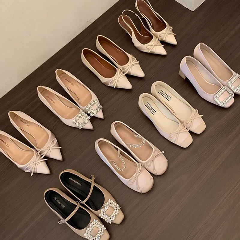 晚晚鞋法式温柔蝴蝶结单鞋芭蕾鞋早春方扣水钻高跟鞋配裙子仙女