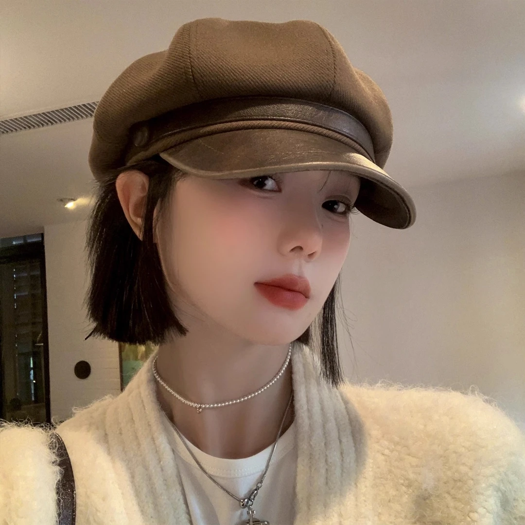 美拉德棕色复古贝雷帽女2025新款秋冬显脸小八角帽子大头围报童帽