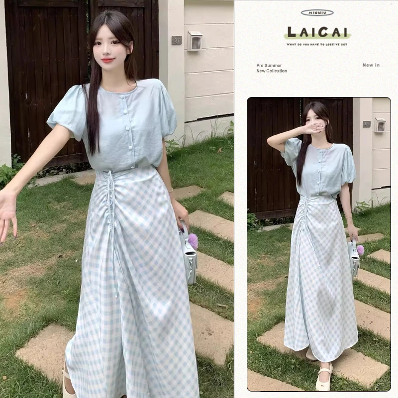 B437+B438夏森系甜美泡泡袖小衫高腰遮肚子不对称格子半身裙套装