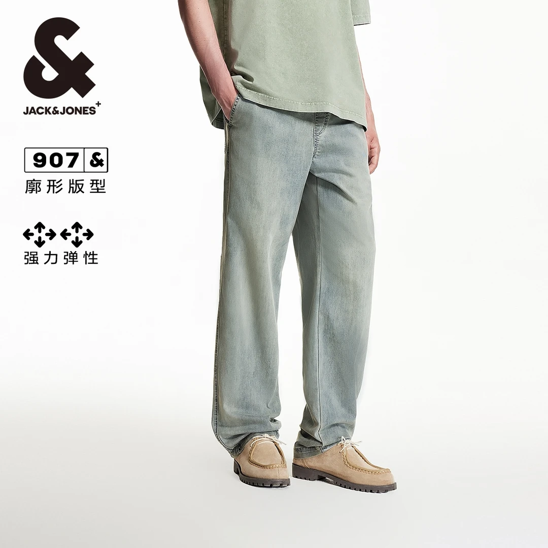 杰克琼斯秋男款裤子舒适阔腿牛仔裤简约基础百搭日常舒适磨白弹力