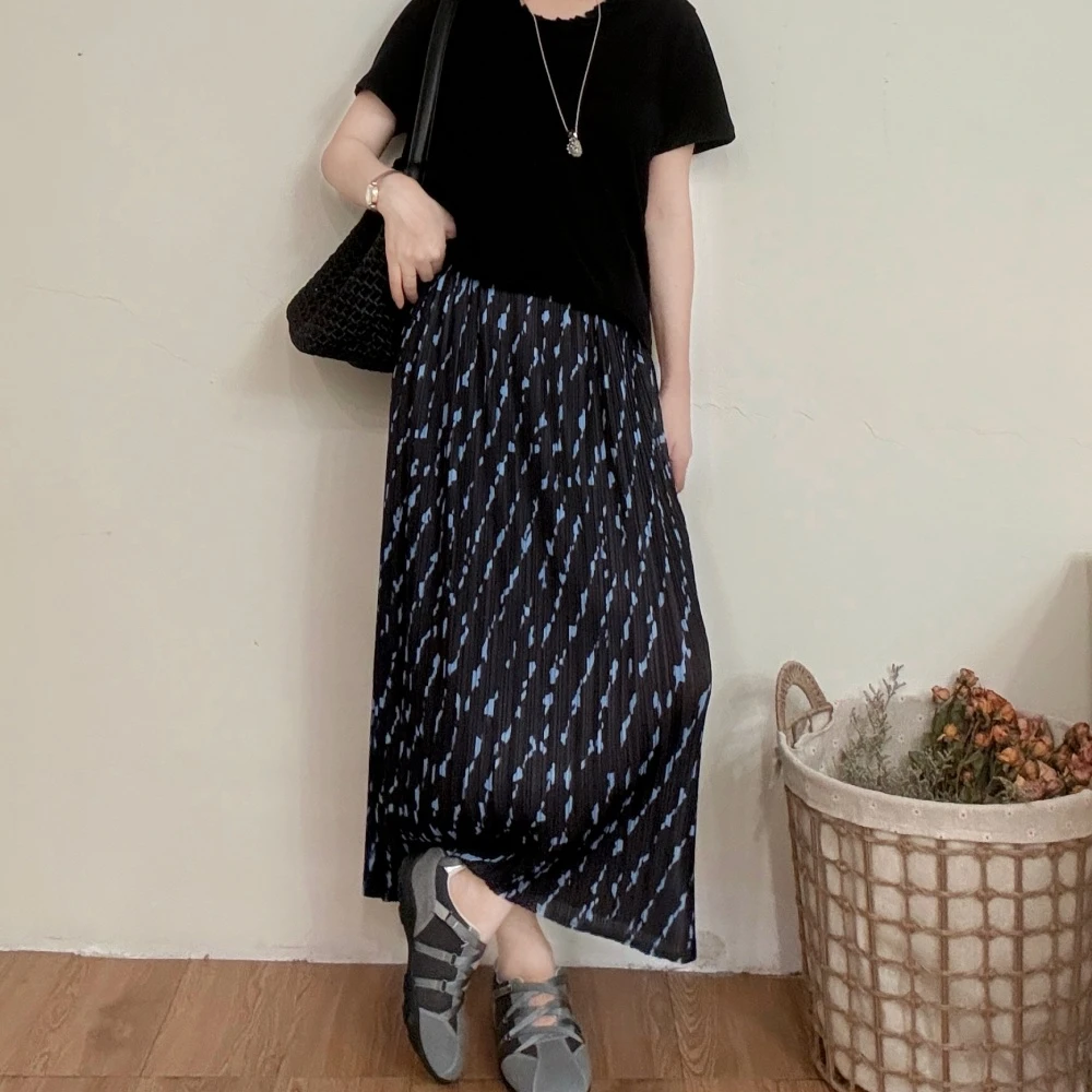 大妍小个子夏季薄款韩系百搭显瘦简约百搭印花百褶裙9322