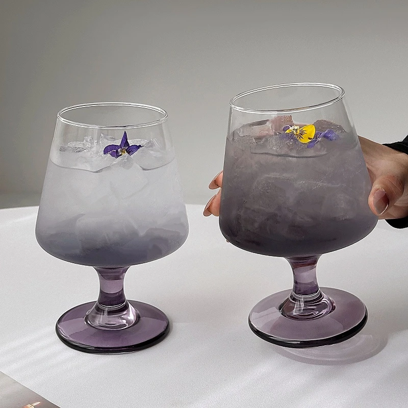 紫色高脚杯玻璃杯家用高级感女生果汁气泡水杯微醺调酒鸡尾酒杯子