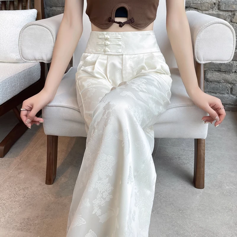 新中式缎面提花阔腿裤子女2025春夏新款盘扣高腰显瘦直筒休闲长裤