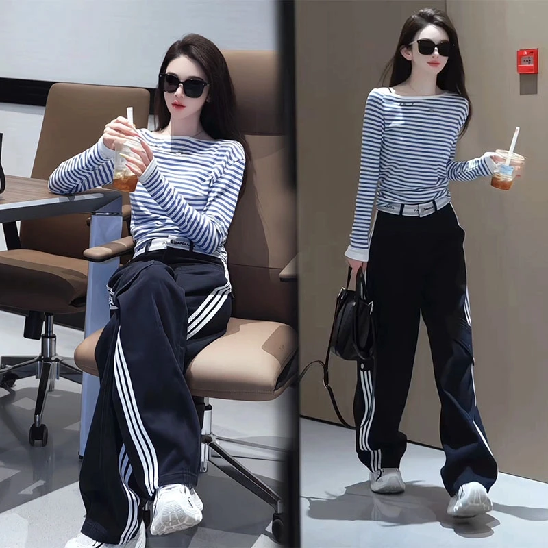 2025春夏一字领条纹长袖t恤打底衫三条杠高腰窄版阔腿裤两件套装