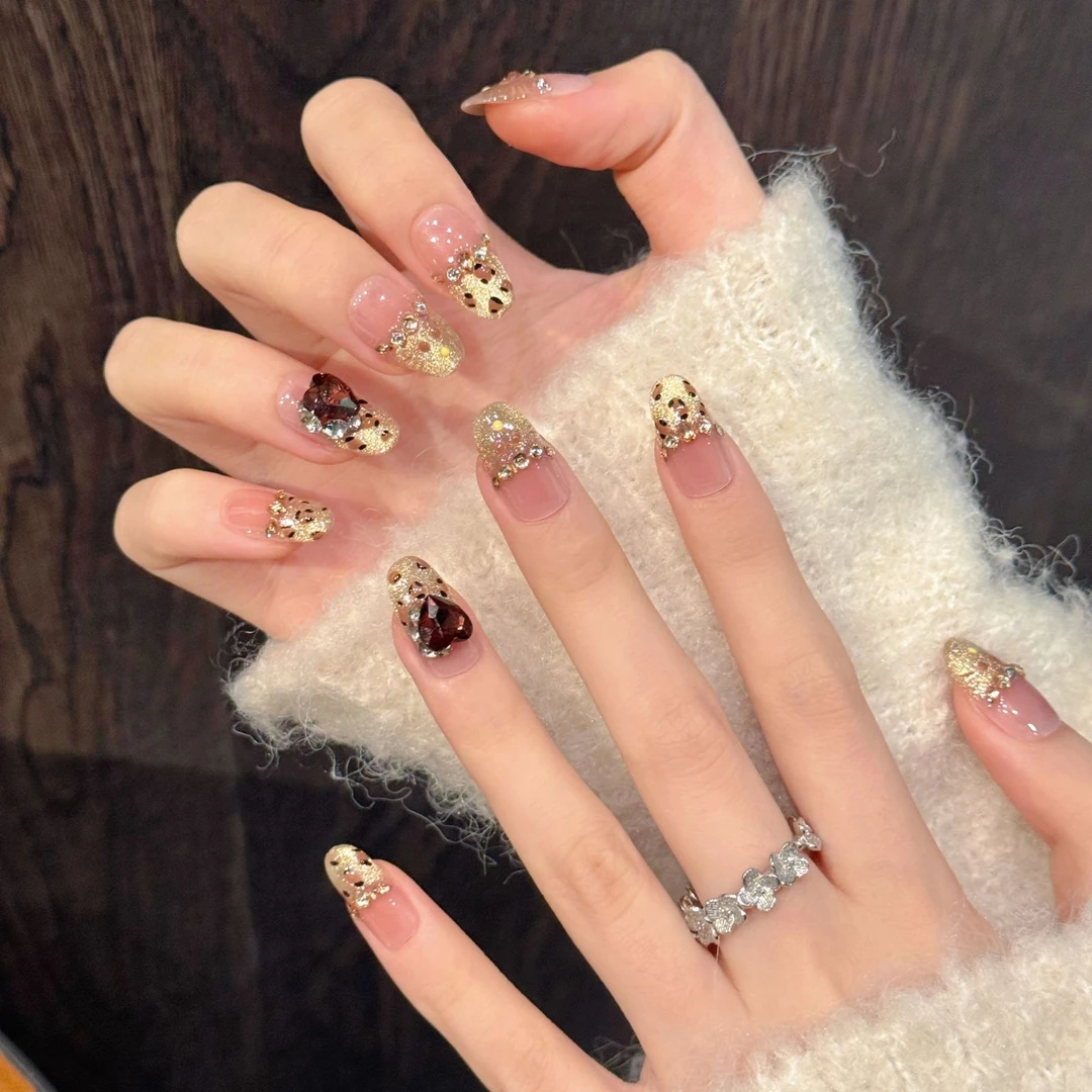 落日豹纹｜秋冬豹纹猫咪猫眼碎钻显白美甲手工穿戴甲10片