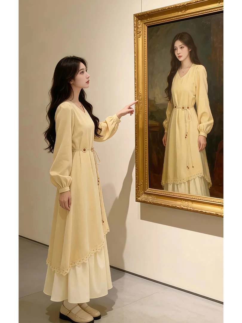 大码胖mm温柔风独特假两件连衣裙女秋冬季气质高级感收腰显瘦长裙