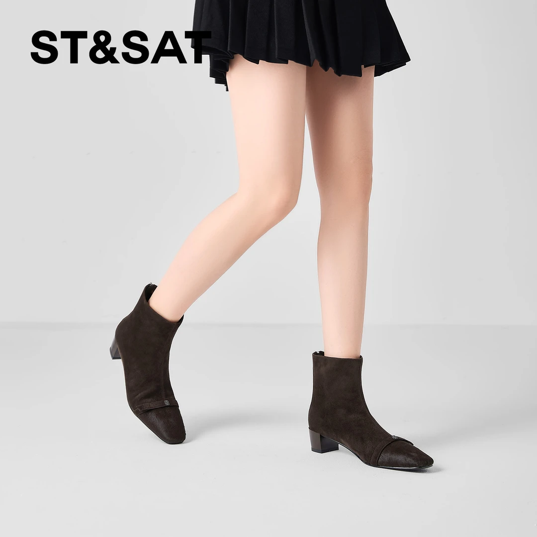 St&Sat/星期六黑色粗跟百搭方头瘦瘦短靴秋冬气质星期六长筒女靴