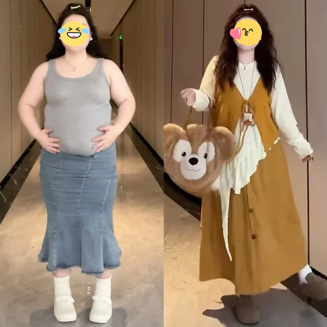 大码叠穿套装不规则上衣马甲半裙三件套女胖mm减龄早秋穿搭一整套