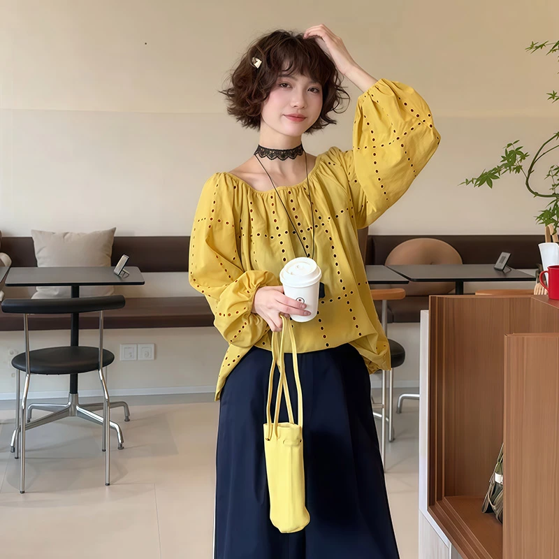 正肩长袖套头纯色镂空衬衫女装春秋法式气质方领复古原宿风上衣女