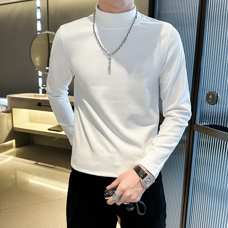 业速男士品质双面绒半高领打底衫修身保暖上衣磨毛内搭长袖T恤