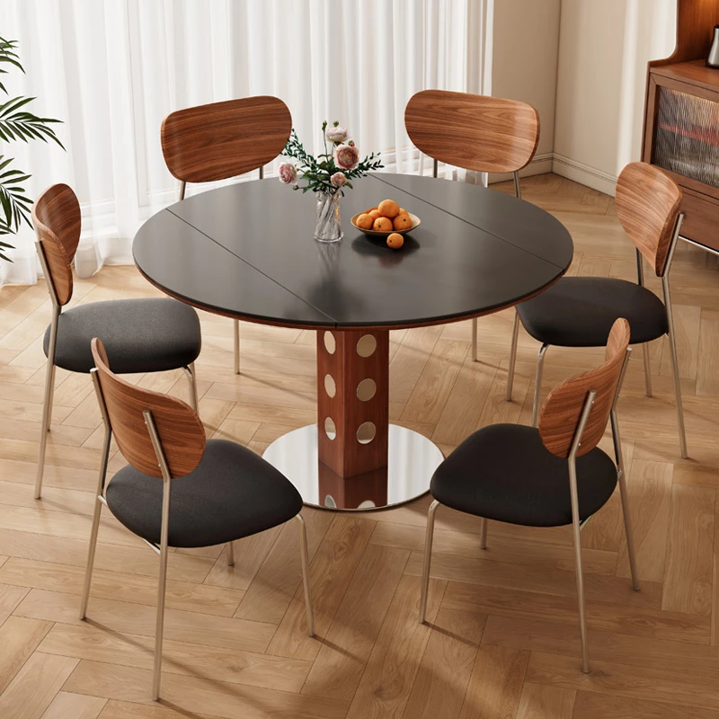 中古风实木伸缩餐桌家用小户型法式复古风包豪斯折叠两用岩板圆桌