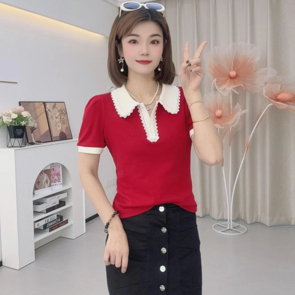 短袖T恤女2025夏小香风蕾丝花边POLO领洋气修身显瘦时尚百搭上衣