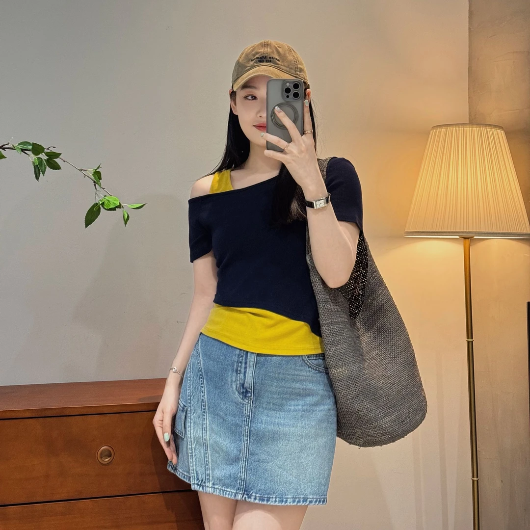 韩系休闲时尚舒适百搭假两件斜肩露肩短袖T恤-M25202378