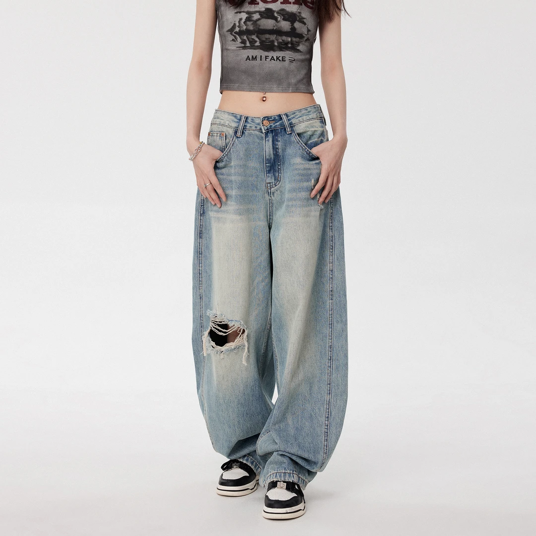 EDX美式复古蓝色2025年春夏新款宽松显瘦牛仔裤阔腿裤高腰A3371