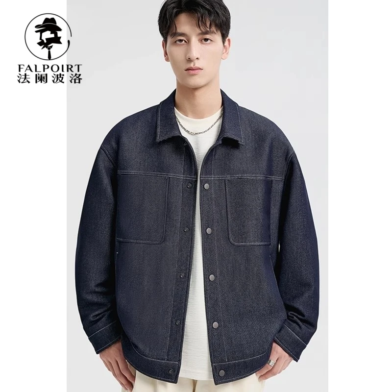 FalPoirt 男士辑明线翻领夹克春秋季新款百搭休闲斜纹仿牛仔外套
